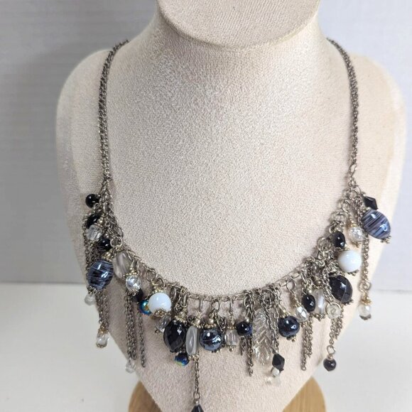 Bib Style Art Glass Beaded Necklace Vintage Silver Tone Doble Chain - Picture 1 of 6